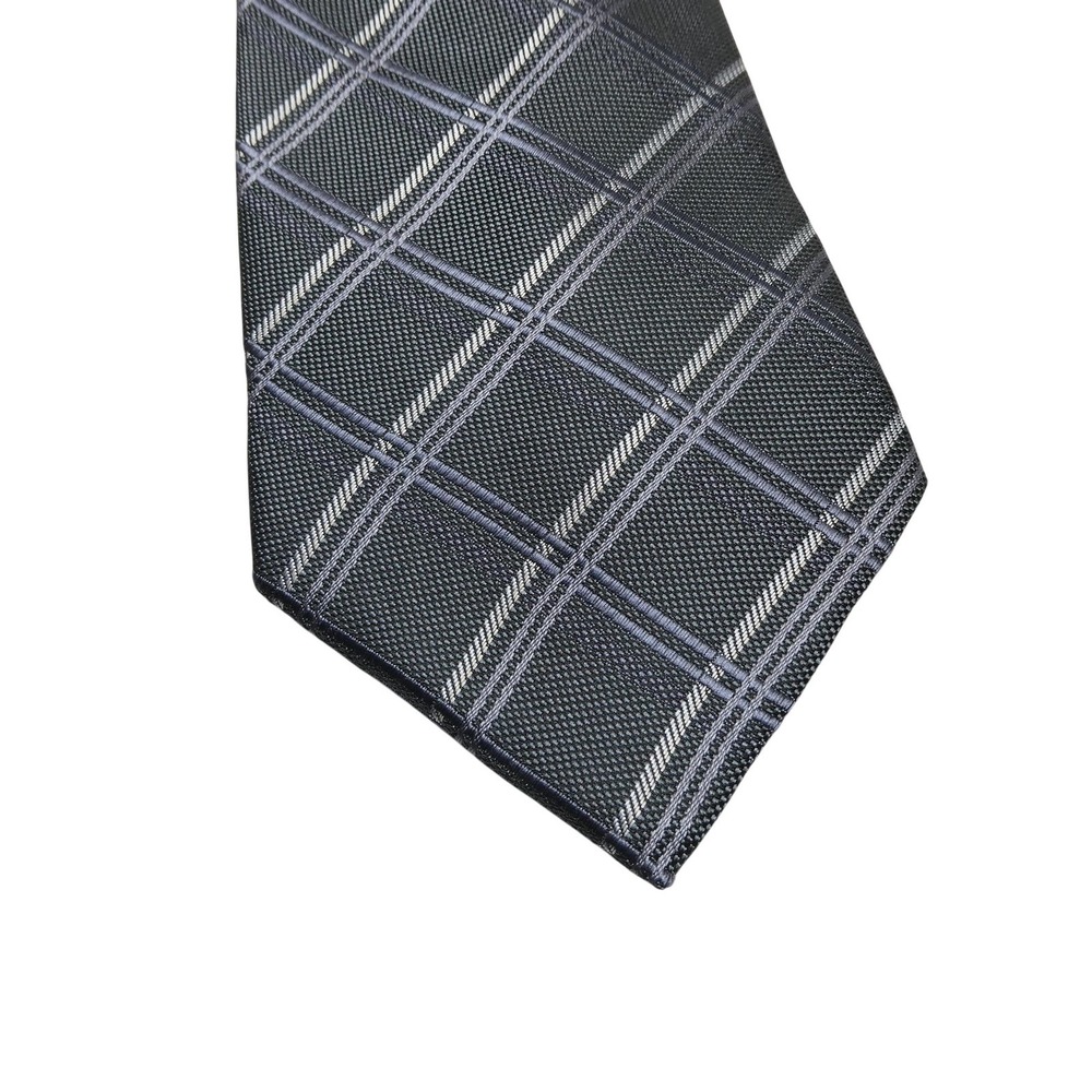 Kai Long Tie Mens One Size Black Plaid 100% Silk Handmade Woven Classic Necktie